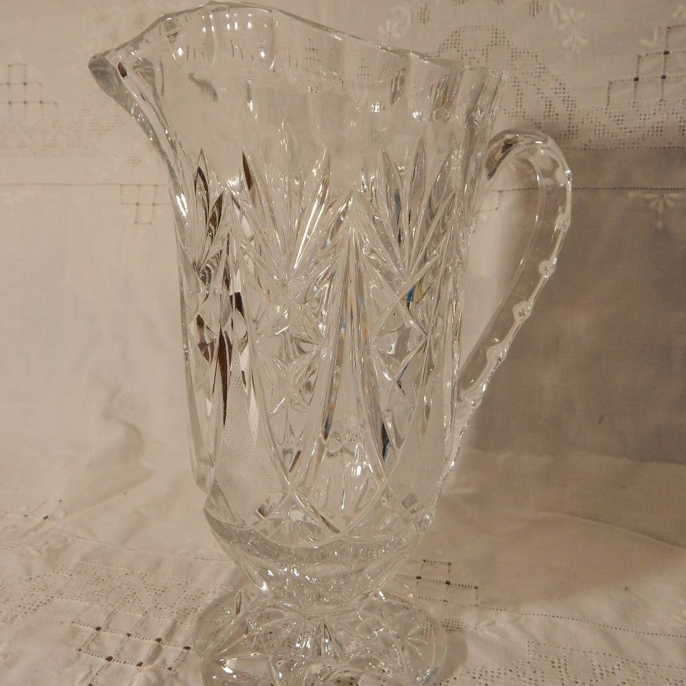 C.1910 MoldBlown, HandCut Crystal Beverage Pitcher Footed w/Flared Ruffled Top